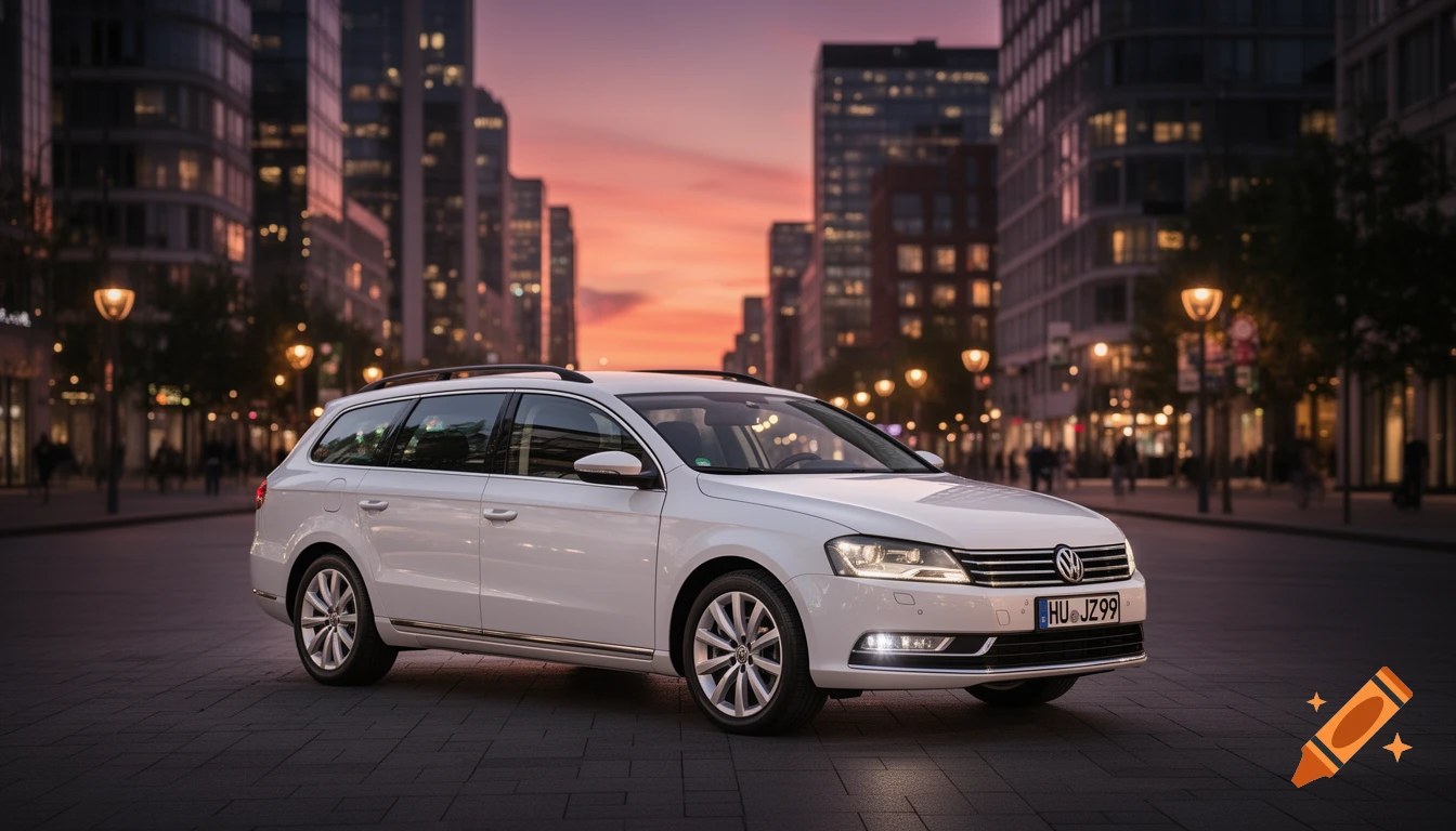 A white Volkswagen Passat Variant station wagon parked on a city street at sunset, with city lights illuminating the background.