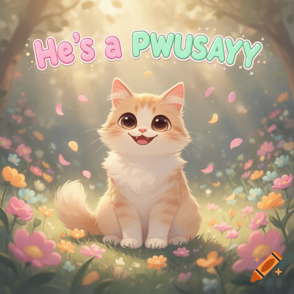 A happy, fluffy orange and white cartoon cat sits among colorful flowers, with 'He's a PWUSAYY' above.
