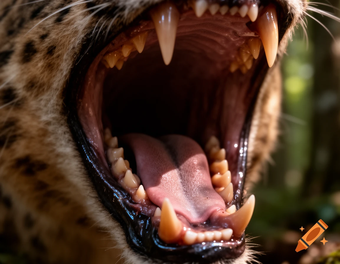 Close-up photorealistic shot of a leopard's open mouth, showing sharp fangs and pink tongue.