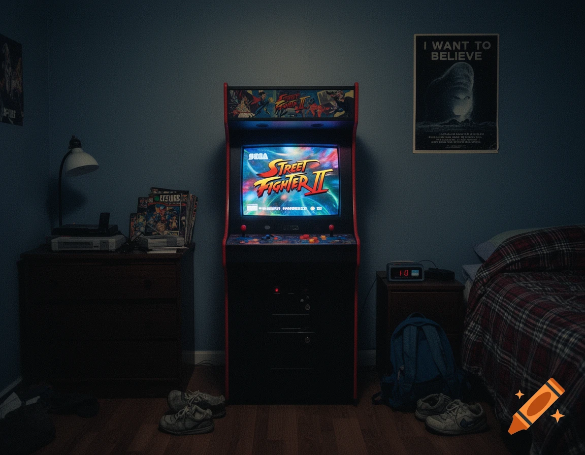 A dimly lit 1990s teenage bedroom features a glowing Street Fighter II arcade machine, a desk, and a bed.