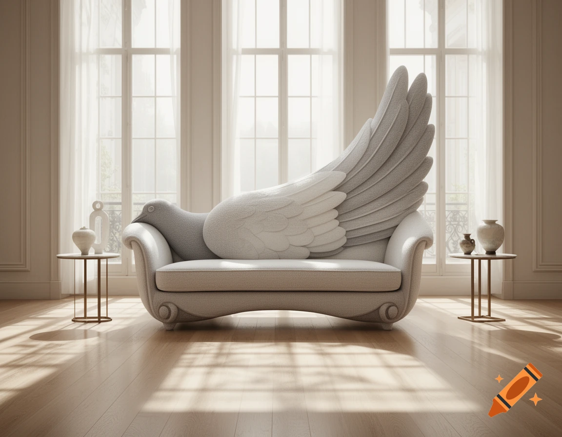 A light-colored sofa shaped like a dove with large wings, sitting in a bright room with tall windows and wooden floors.