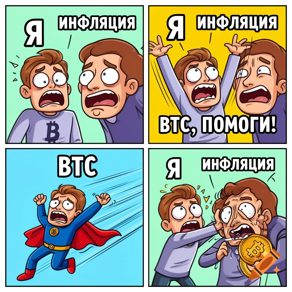 A four-panel cartoon meme depicting a character labeled 'Я' (Me) being threatened by 'Инфляция' (Inflation), crying 'BTC, ПОМОГИ!' (BTC, HELP!), followed by 'BTC' (Bitcoin) running heroically, and finally BTC mistakenly punching 'Я' in the face. The art is in a bright, simple cartoon style.