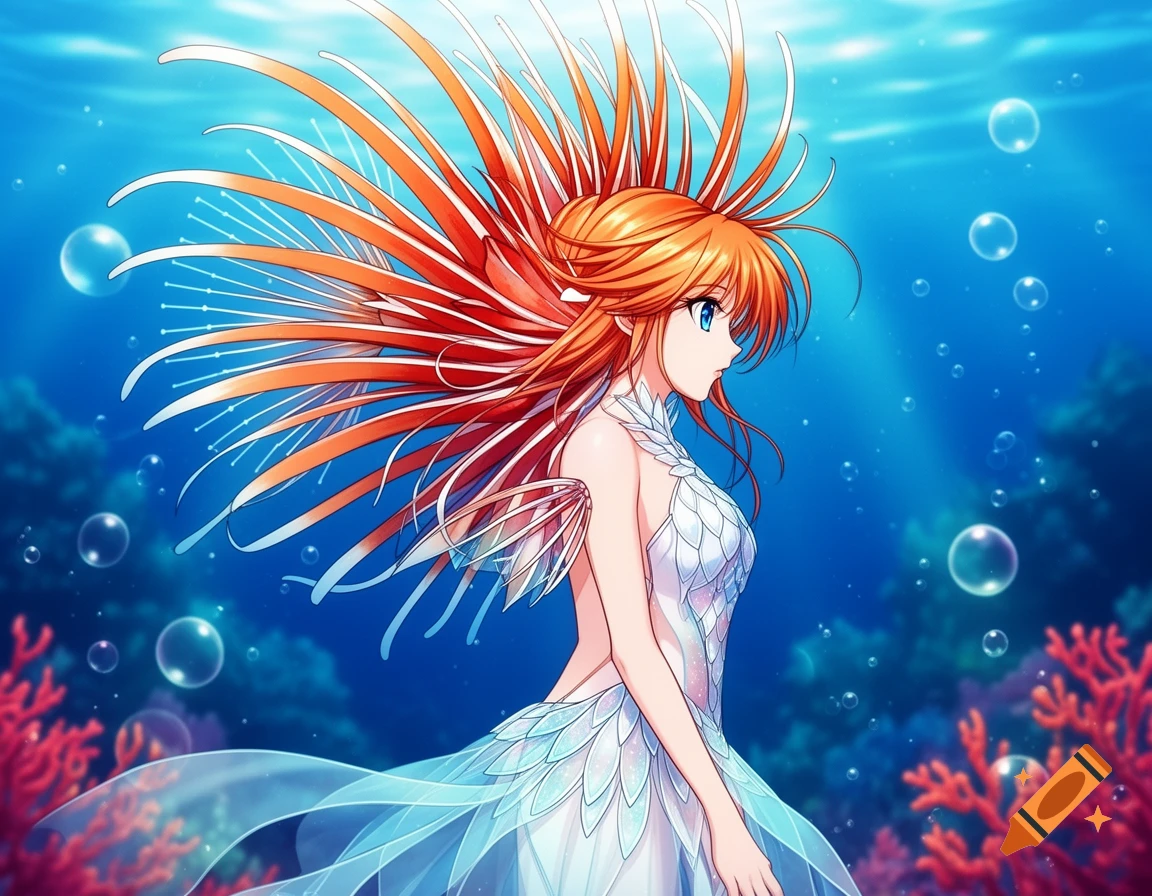 Anime girl with vibrant red lionfish-inspired hair and a white and blue scale-like dress, underwater with coral and bubbles.