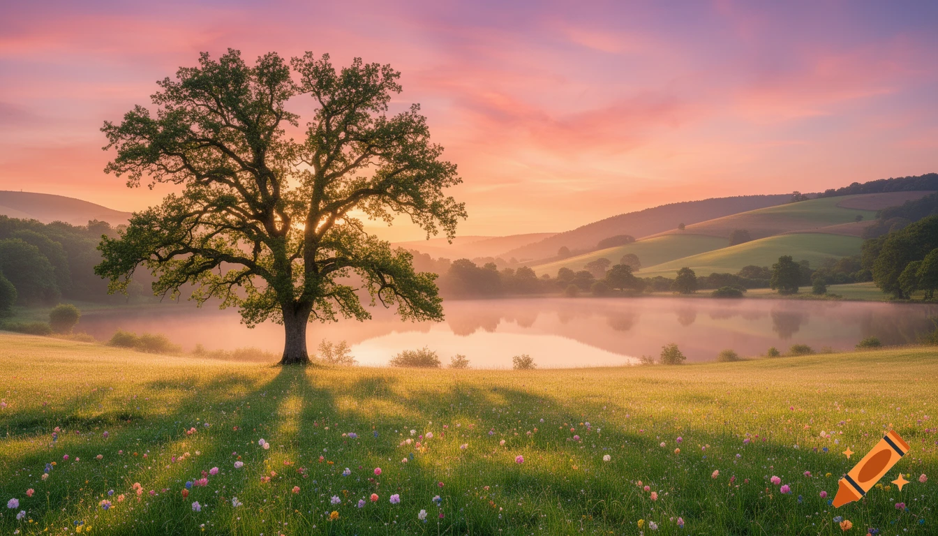 A solitary tree stands by a misty lake at sunrise, with rolling hills and a field of wildflowers. Photorealistic.