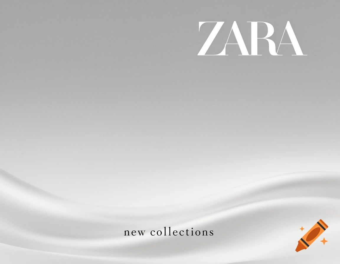 White ZARA logo on a grey gradient background with flowing white silk and 'new collections' text.