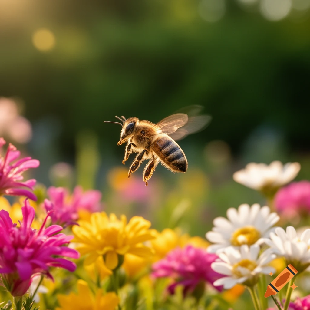 A close-up, photorealistic image of a honey bee in flight over a vibrant field of colorful flowers, with a soft green background.