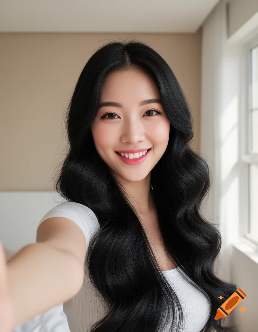 Smiling Asian woman with long dark wavy hair taking a selfie in natural light.