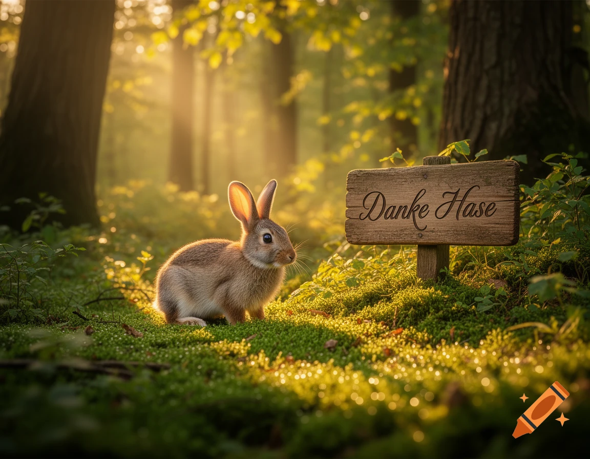 A photorealistic image of a small, fluffy brown rabbit sitting in a sunlit forest, next to a wooden sign reading 'Danke Hase' amidst green moss.