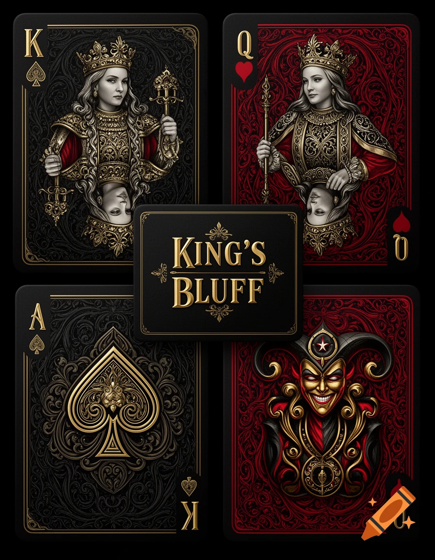 Four ornate black and red playing cards, including a King, Queen, Ace of Spades, and a Joker, with "King's Bluff" text.