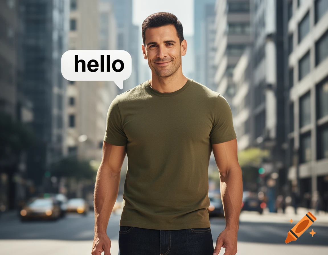Photorealistic portrait of a smiling man in a green t-shirt and jeans on a city street, with a speech bubble saying 'hello'.