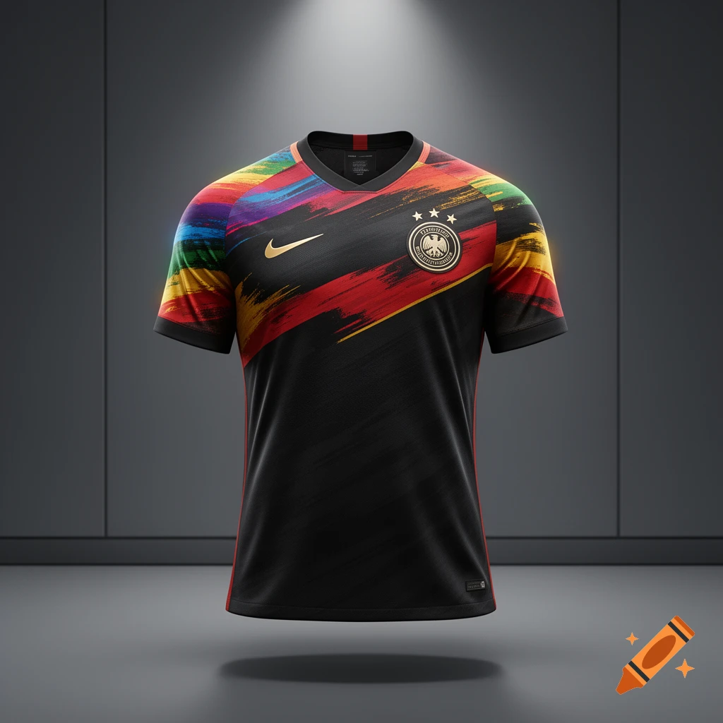 A professional studio shot of a black soccer jersey with rainbow paint strokes on the shoulders and a golden Nike logo and German eagle crest.