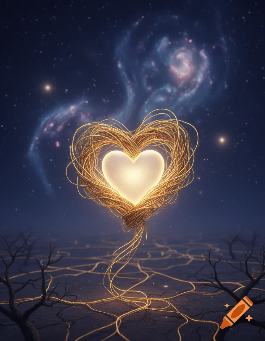 A glowing golden heart woven from tangled threads sits on cracked earth under a starry, nebulous night sky.