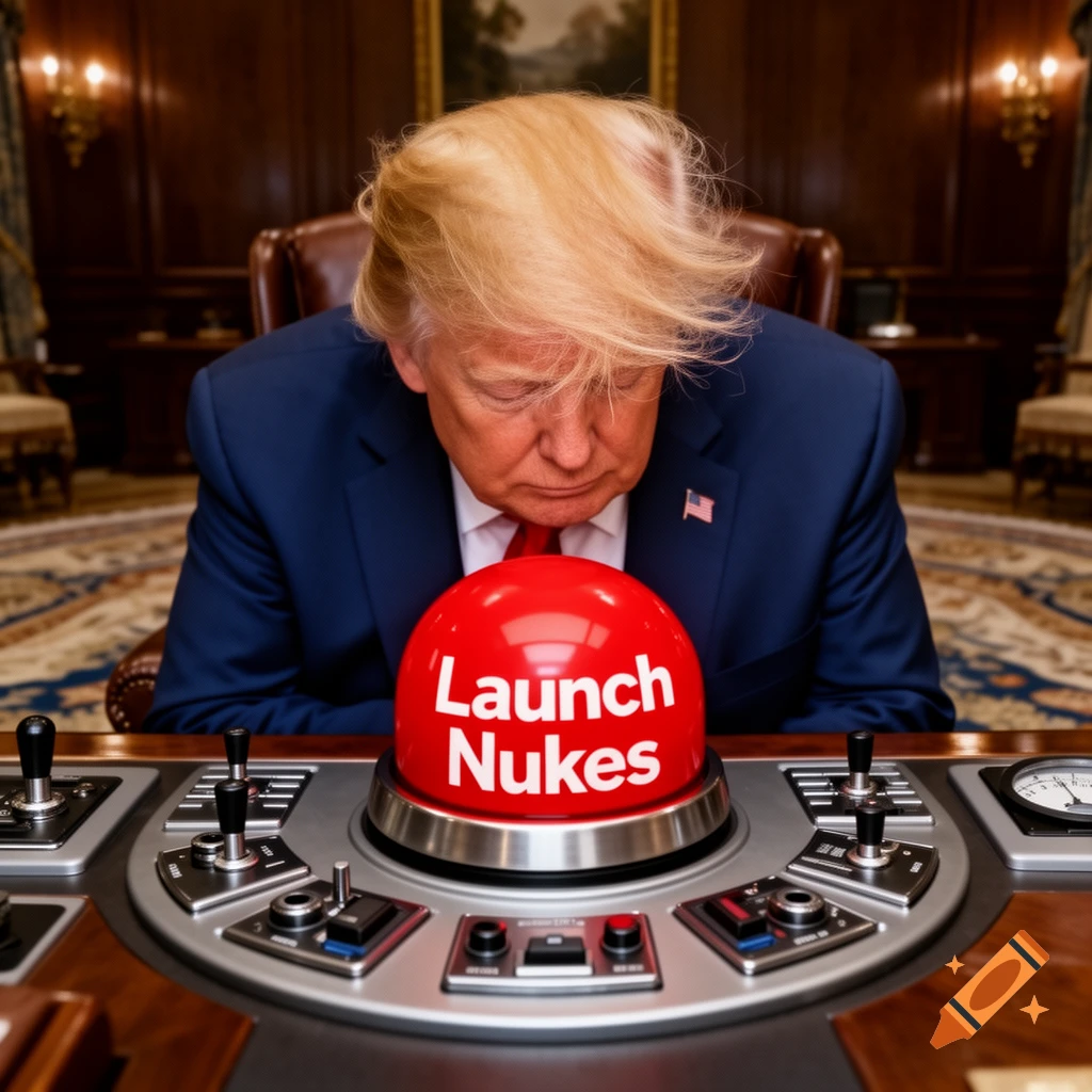 Donald Trump looks down at a large red button labeled 'Launch Nukes' on a control panel in an office.