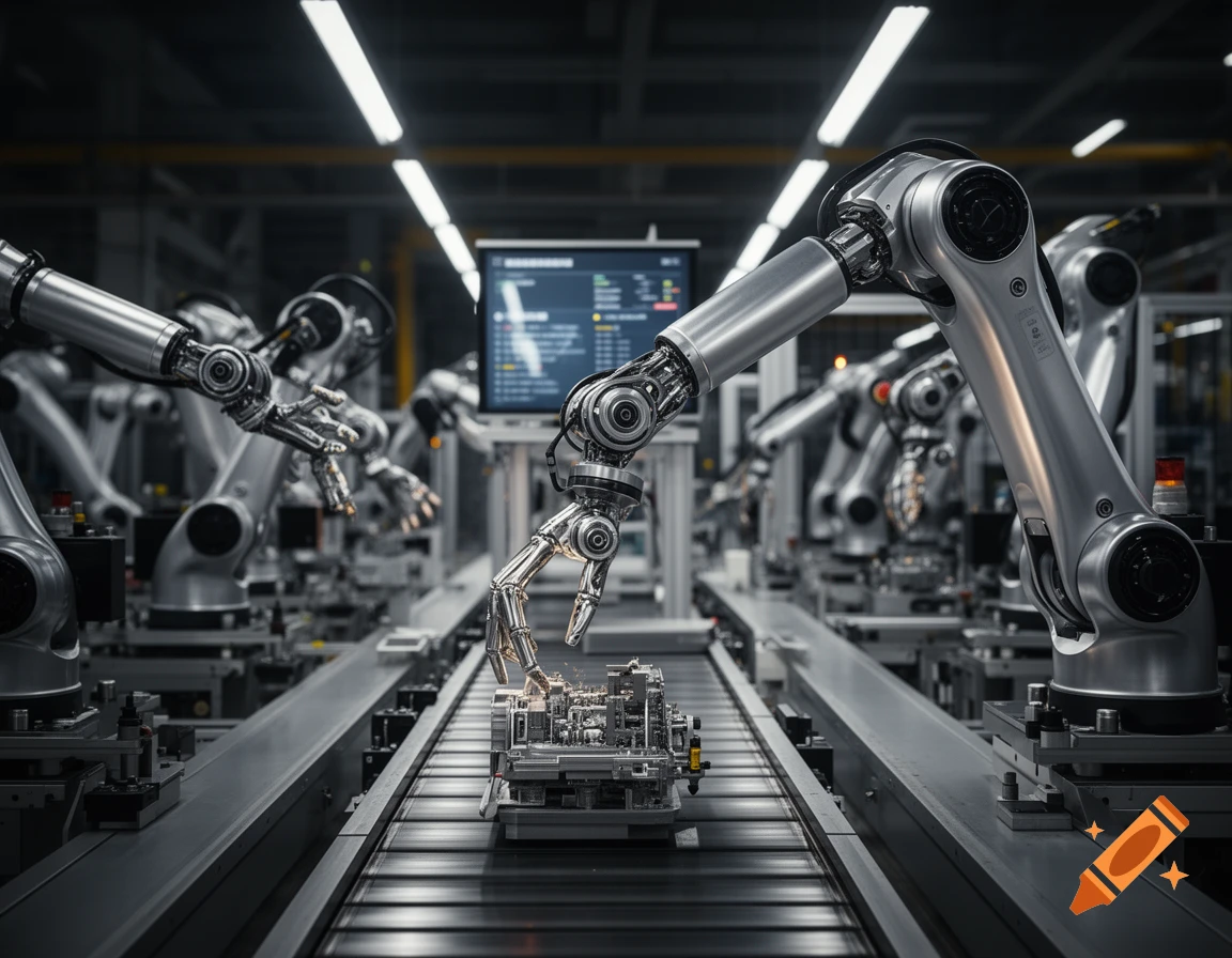 Photorealistic image of robotic arms assembling a complex component on a conveyor belt in a modern, brightly lit factory.