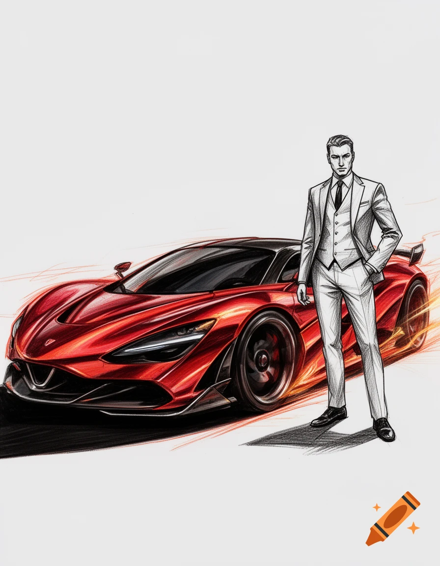 A dynamic sketch drawing of a sleek red supercar with motion blur, and a man in a grey suit standing beside it.