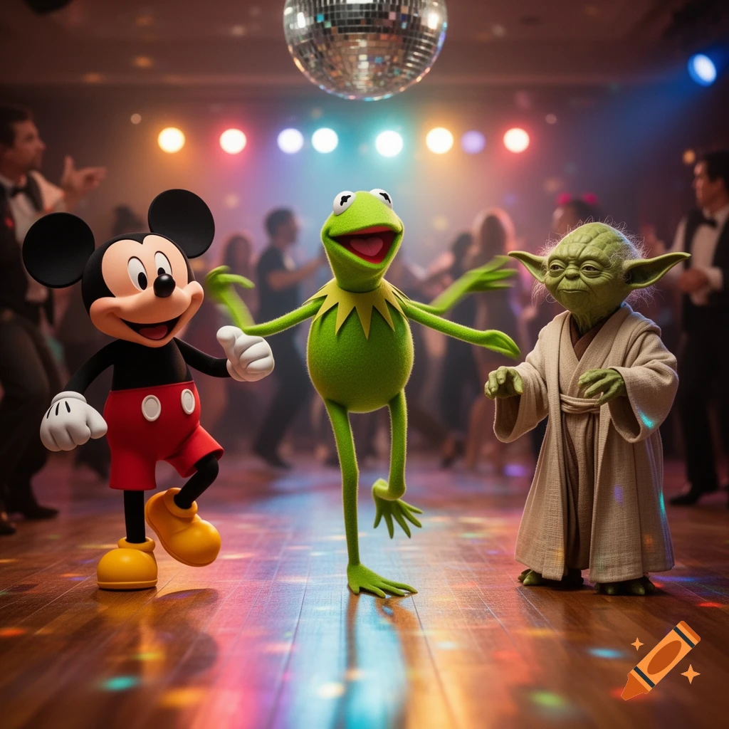 Mickey Mouse, Kermit the Frog, and Yoda dancing on a disco floor with a disco ball overhead and blurred figures in the background.