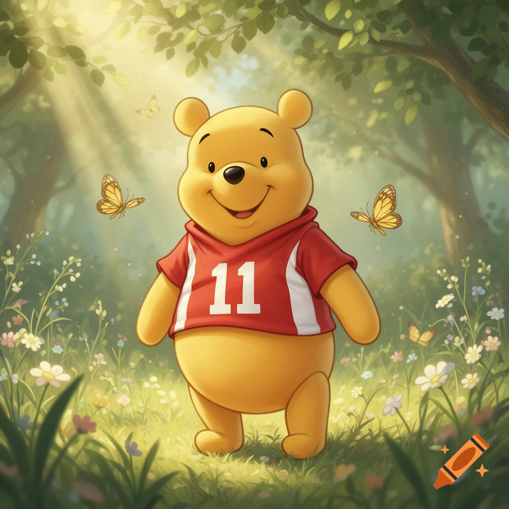Winnie the Pooh in a red jersey with number 11, smiling in a sunny forest with butterflies and flowers.