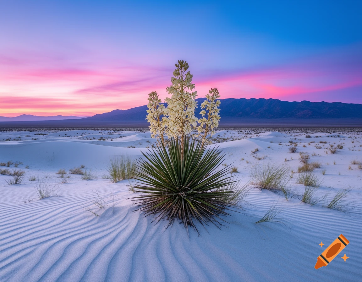 A flowering yucca plant stands in white sand dunes with ripples under a vibrant pink, blue, and purple sunset over mountains.
