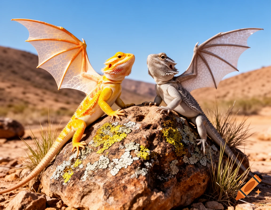 Two photorealistic winged bearded dragons, one yellow and one gray, face each other on a lichen-covered rock in a sunny desert.