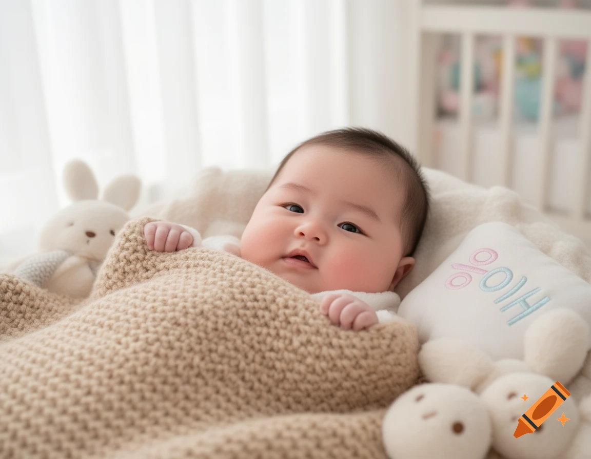 A cute baby lies in a beige knitted blanket with plush bunny toys and a pillow embroidered with Korean text, looking at the camera.