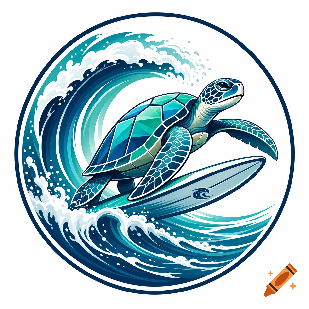 A blue and green stylized turtle surfing a large wave, contained within a circular logo.