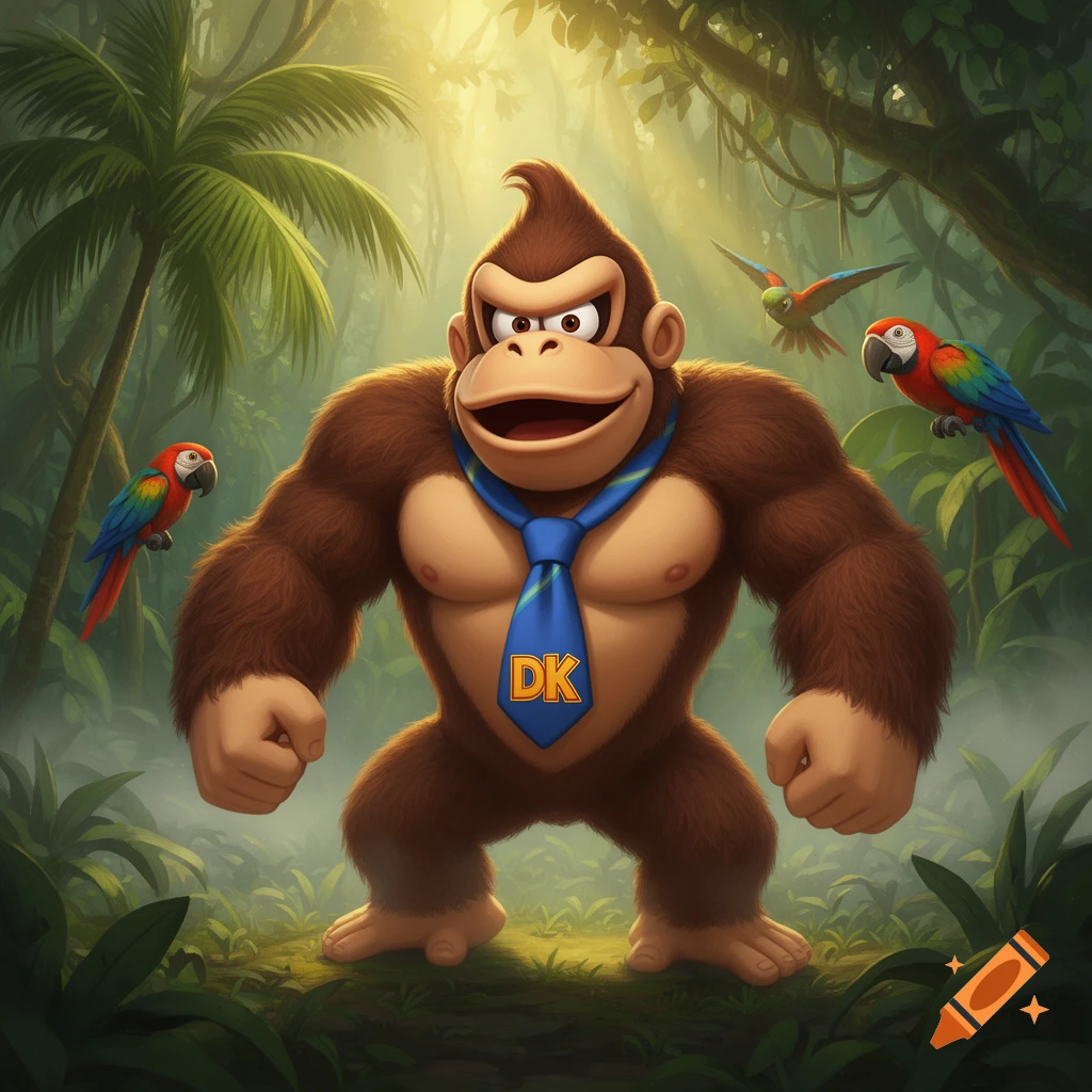 Donkey Kong in a jungle, wearing a blue tie with 'DK' on it, flanked by colorful parrots, in a digital art style.