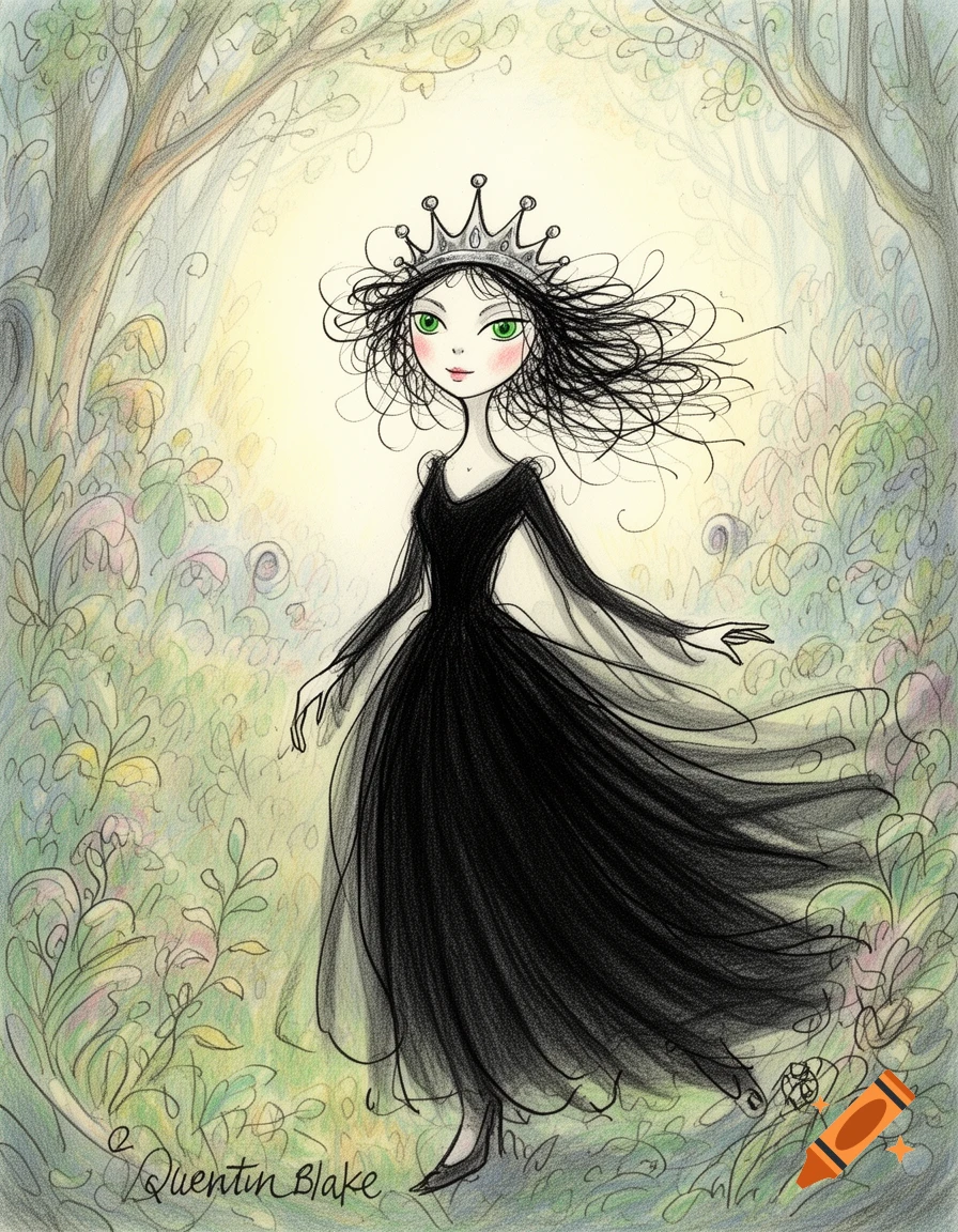 A green-eyed, black-haired fairy tale princess in a black dress, wearing a silver crown, standing in a whimsical forest drawn in a sketchy illustration style.