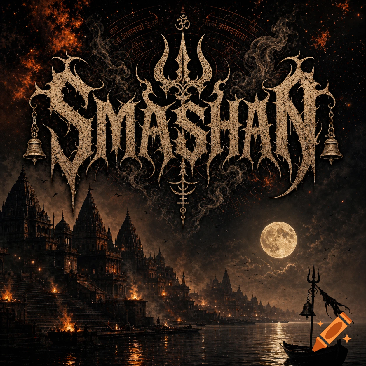 An intricate "SMASHAN" logo above an eerie, dark scene of Varanasi ghats by a river at night, with fires, a full moon, and a small boat.