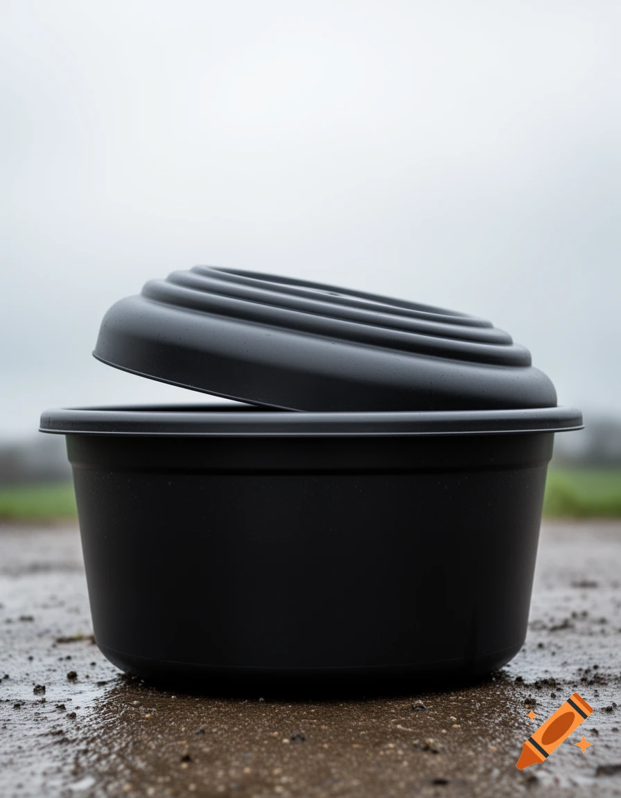 A black plastic tub with a ribbed lid tilted open, resting on wet, muddy ground under an overcast sky.