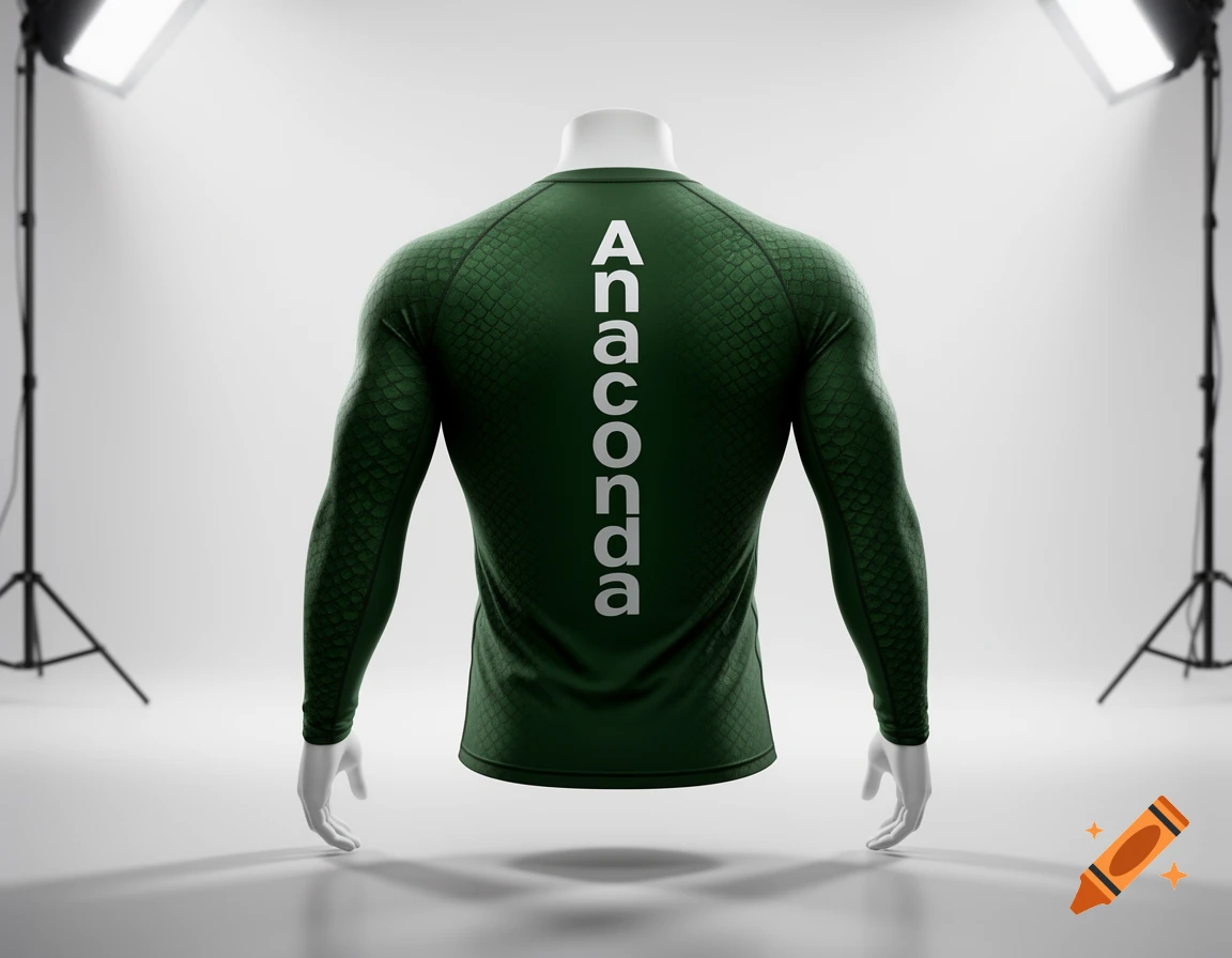 Back view of a dark green rashguard with a scale texture and 'Anaconda' text, displayed on a mannequin in a studio.