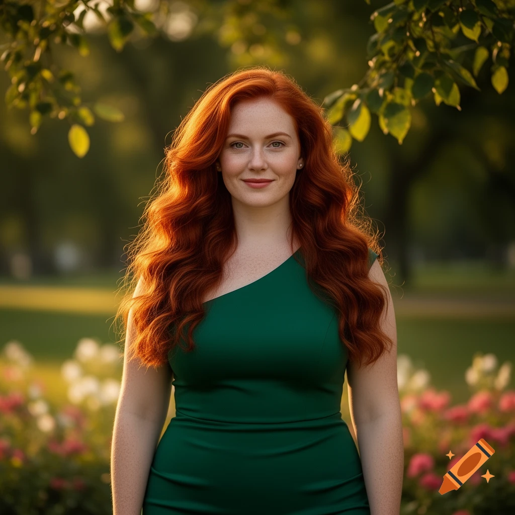 A smiling, fair-skinned woman with long red hair and freckles wears a green dress in a sunny outdoor garden.