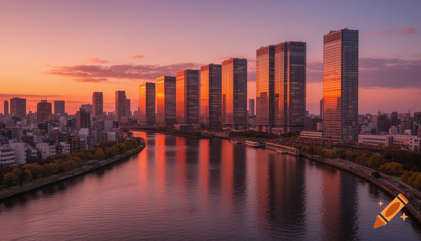 Photorealistic city skyline at sunset, with modern skyscrapers reflecting warm orange and pink light onto a winding river.