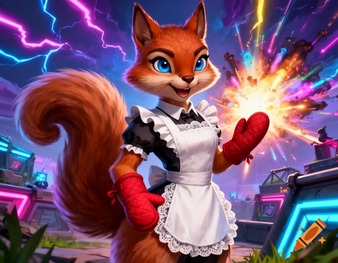 A blue-eyed anthropomorphic squirrel in a maid outfit and red oven mitts smiles amidst a vibrant, explosive, neon-lit sci-fi background.