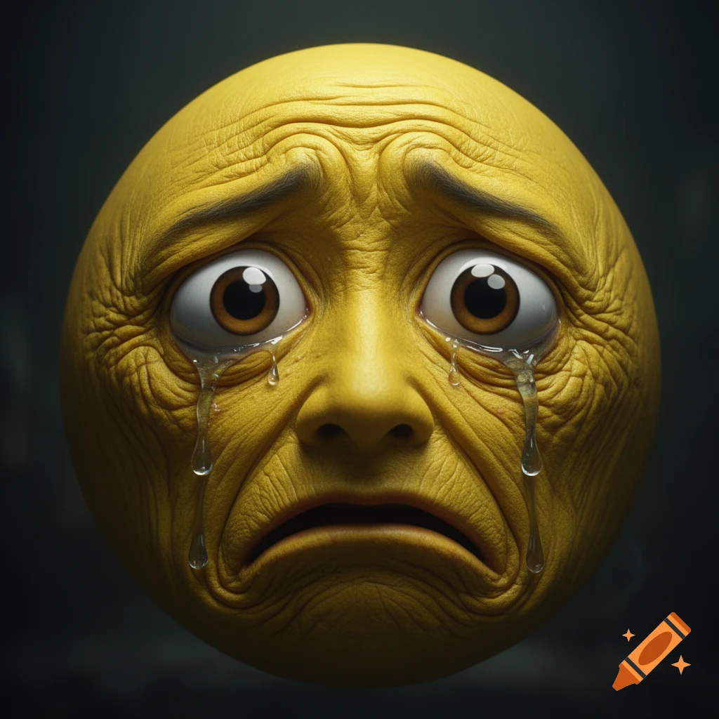 Hyper-realistic, wrinkly yellow crying emoji face with large eyes and tears streaming down.