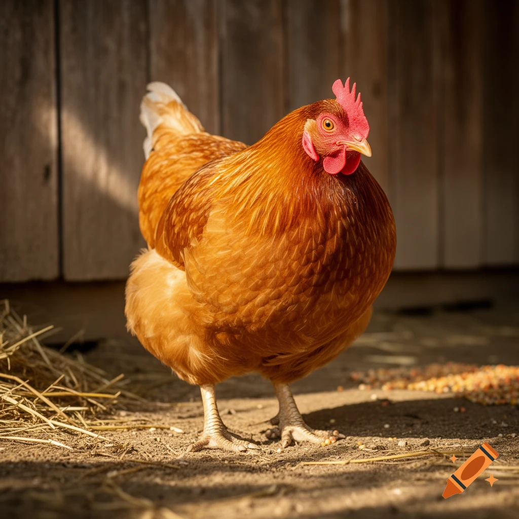 A close-up, photorealistic image of a brown chicken standing on dirt in front of a wooden coop.