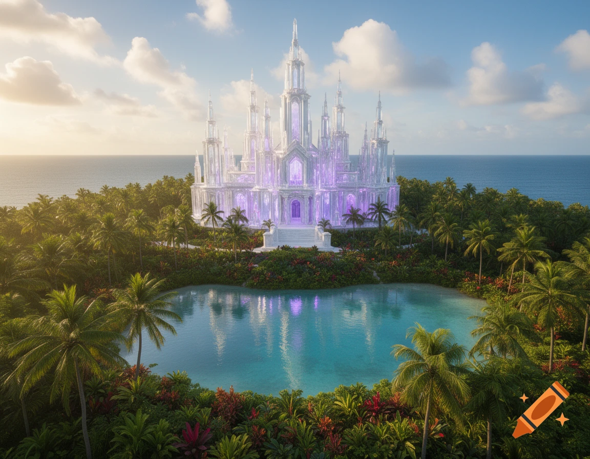 A shimmering crystal palace with purple highlights on a tropical island surrounded by lush greenery and turquoise water, with an ocean view.