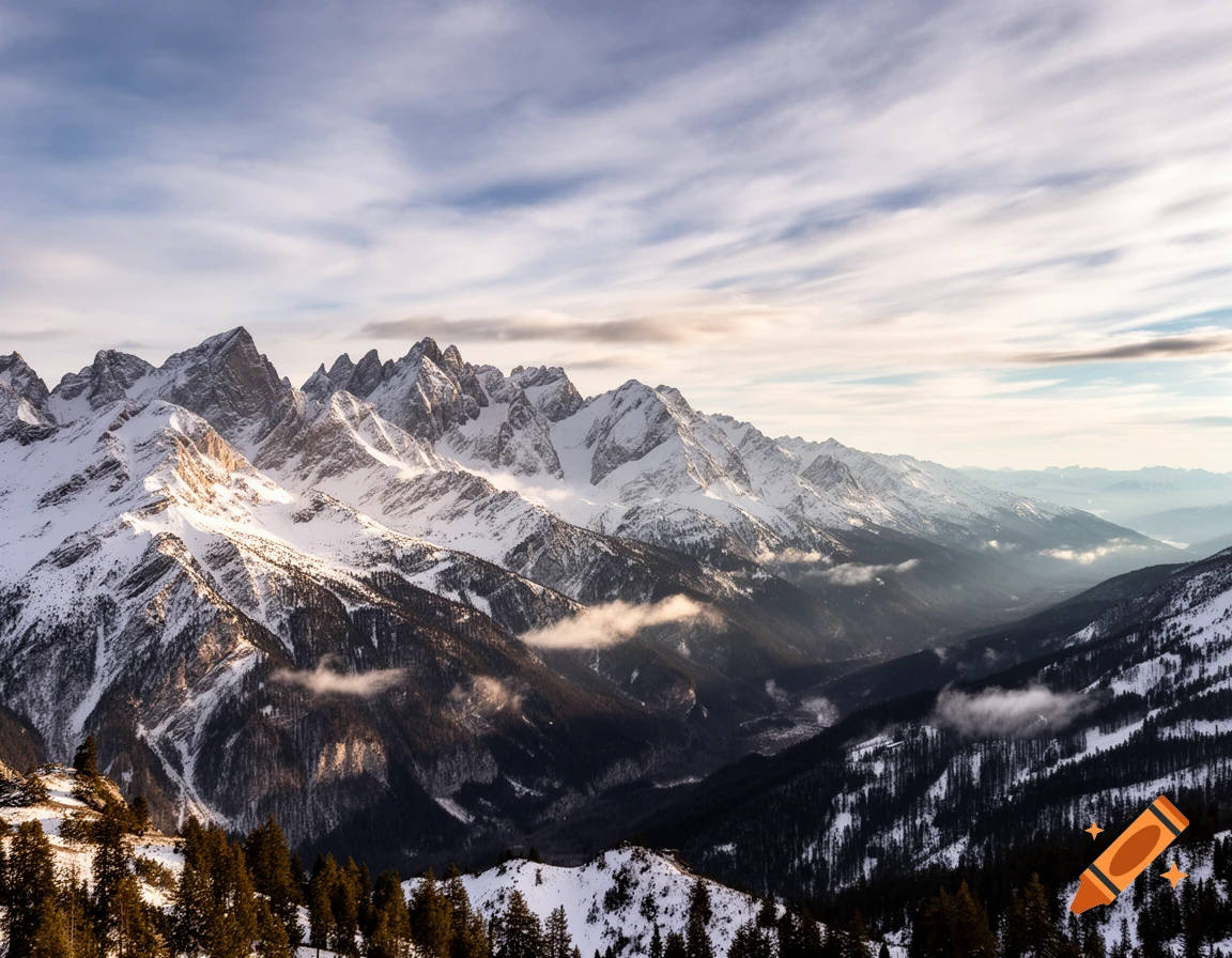 Photorealistic panoramic view of majestic snow-capped mountains and a forested valley under a cloudy sky.