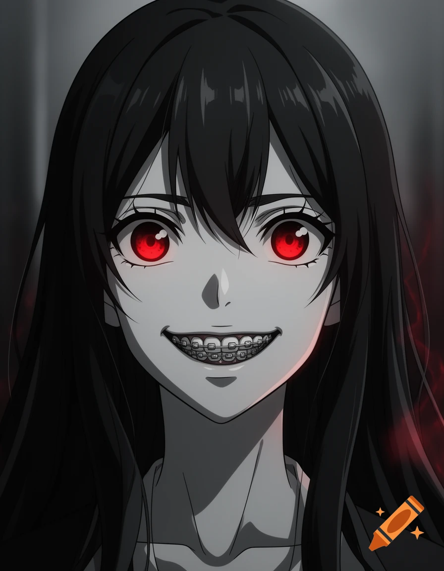 Anime portrait of a girl with long black hair, wide glowing red eyes, and a creepy smile revealing braces.