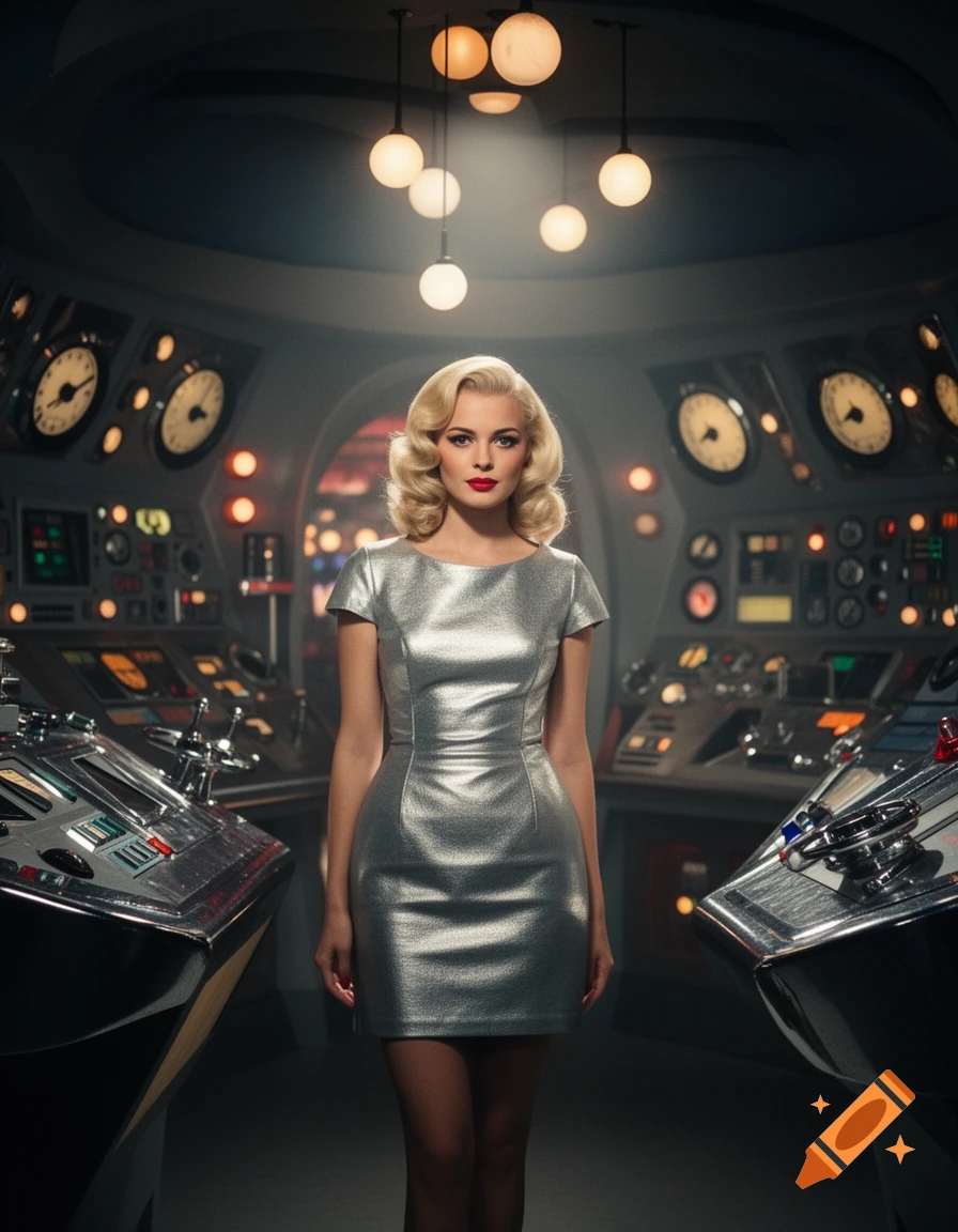 A woman with blonde hair and a silver mini-dress stands in a retro science fiction control room.