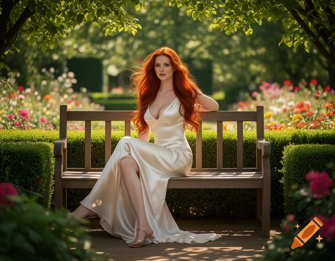 A red-haired woman in a flowing white dress sits on a wooden bench in a sunny garden filled with colorful flowers and green foliage.
