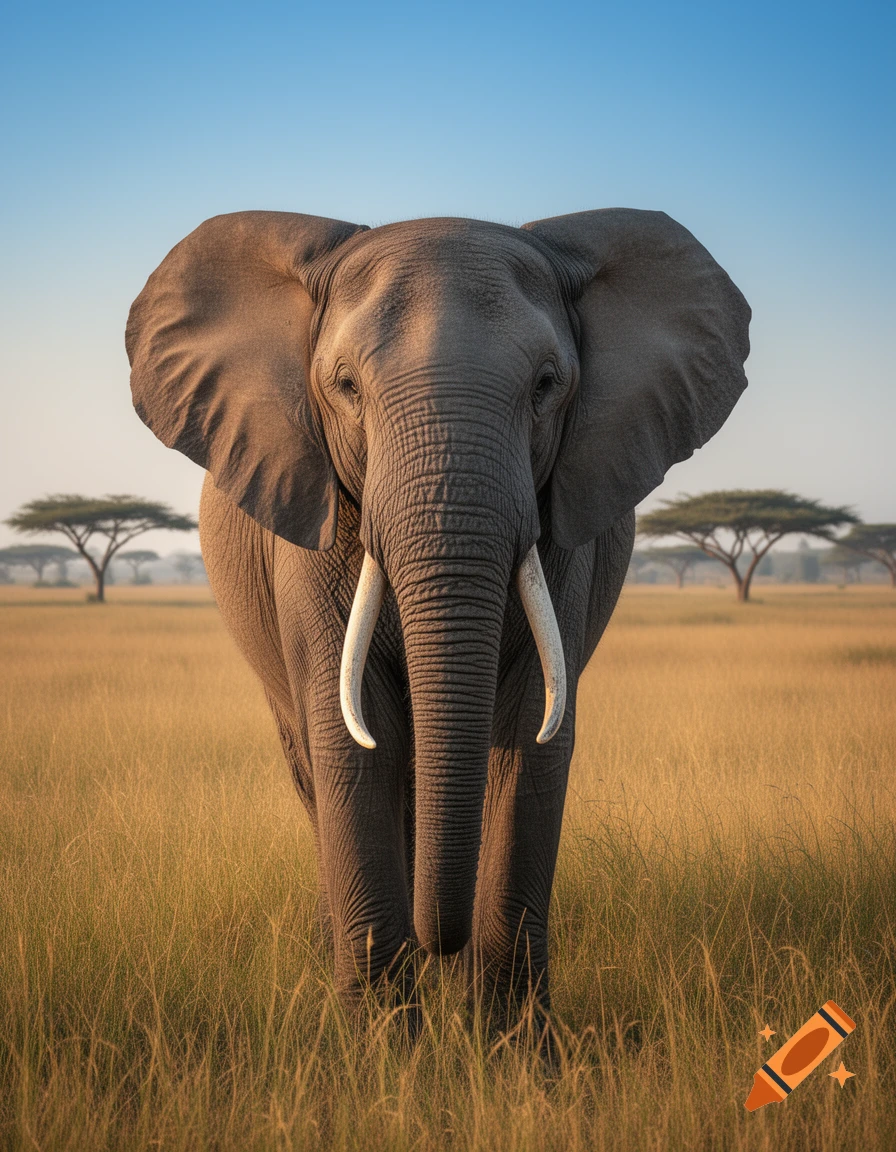 A photorealistic portrait of an African elephant standing in a golden grassy savanna under a clear blue sky.