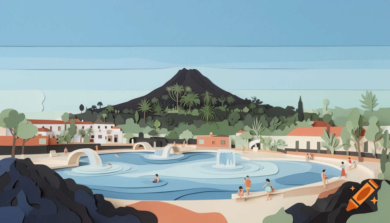 A vibrant paper-collage illustration of Lago Martianez in Puerto de la Cruz, featuring a pool with people, white buildings, lush green foliage, and a dark mountain under a layered blue sky.