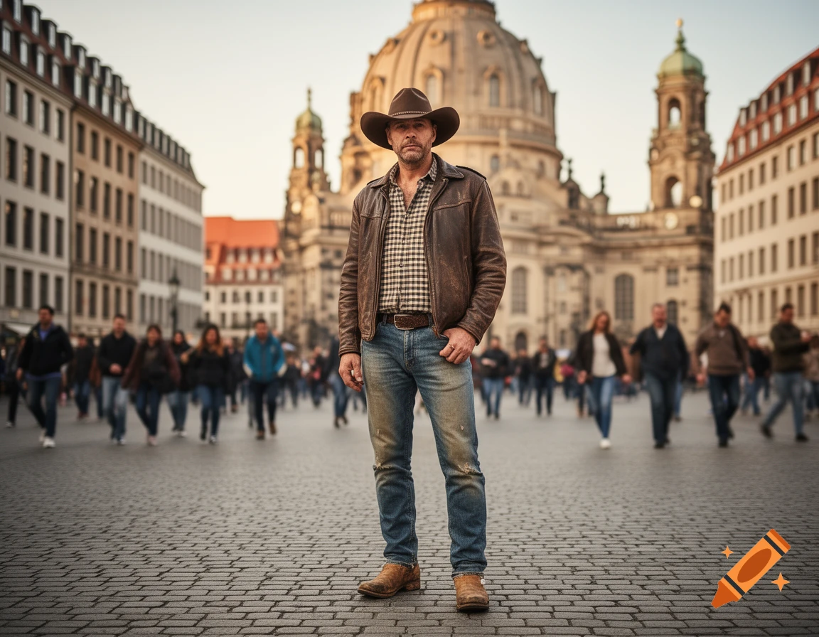 A man in a cowboy hat, plaid shirt, and leather jacket stands in a cobblestone city square, with historic buildings and blurred people in the background.