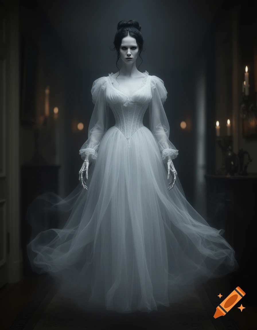 An ethereal Victorian ghost in a white gown with dark hair and skeletal hands stands in a dark hallway.