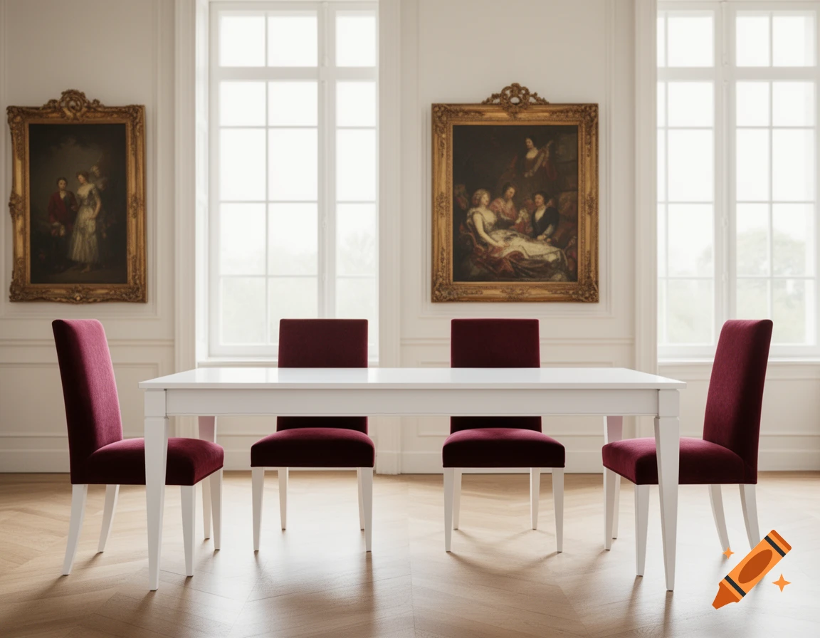 An elegant dining room featuring a white table, four burgundy chairs, large windows, and classical paintings on the walls.