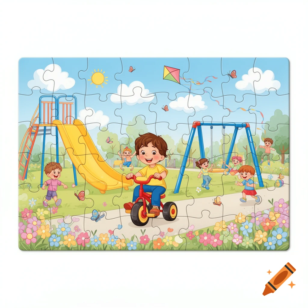 Cartoon puzzle of children playing happily in a vibrant playground with a slide, swings, and a tricycle.