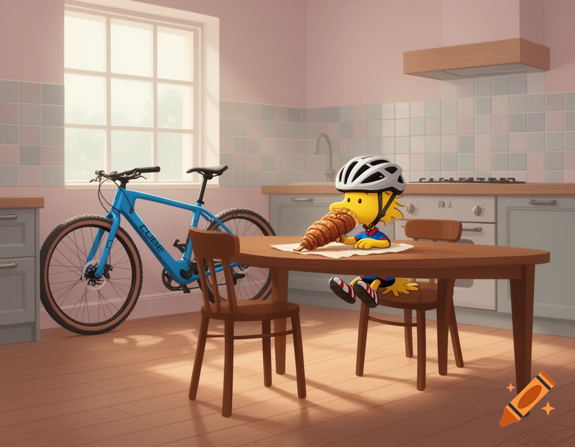 Woodstock from Peanuts, wearing a bike helmet, eats a croissant at a kitchen table with a blue Cube bicycle in the background.