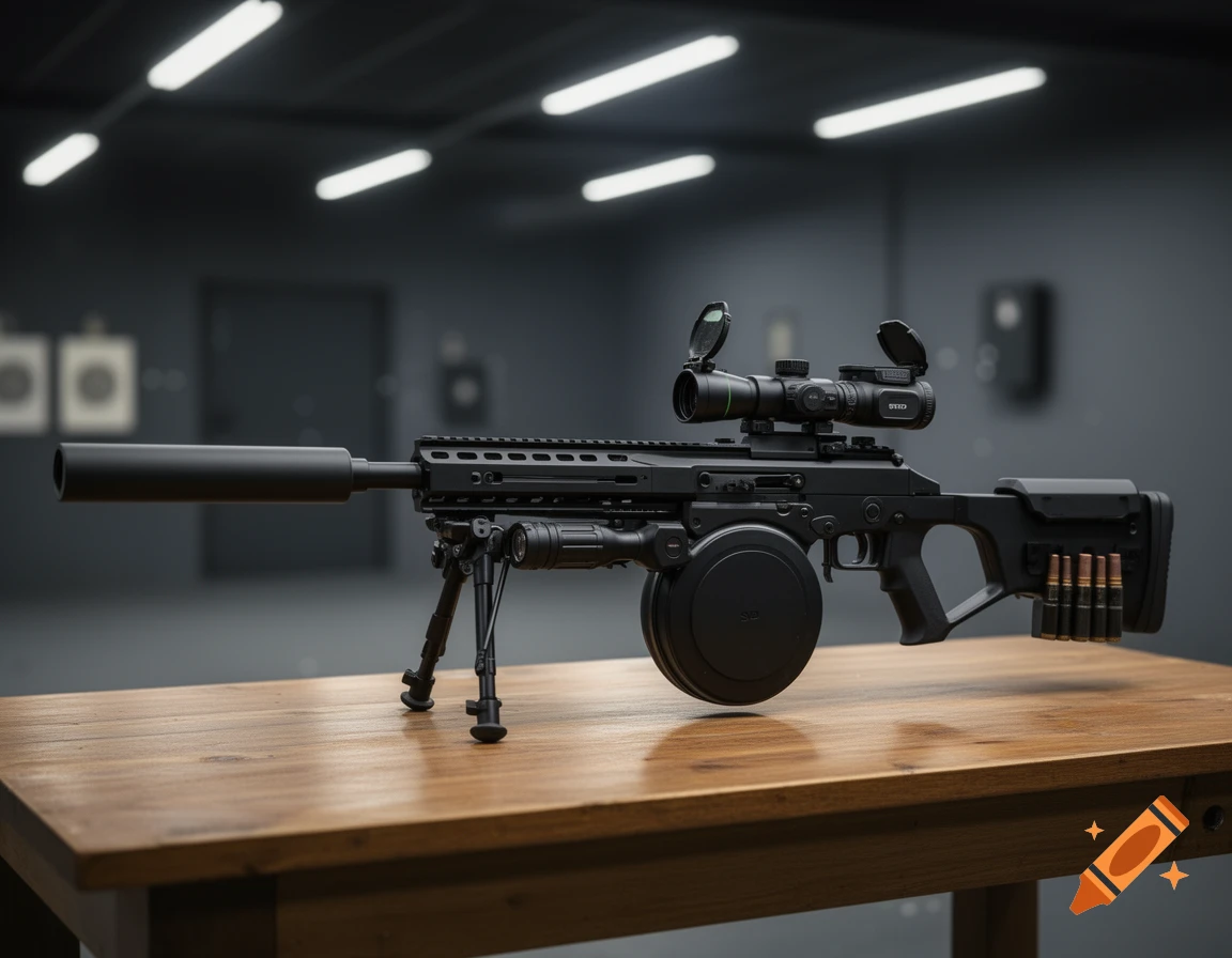 A custom black tactical rifle with a suppressor, drum magazine, bipod, and multiple scopes, sitting on a wooden table in a dimly lit indoor shooting range.