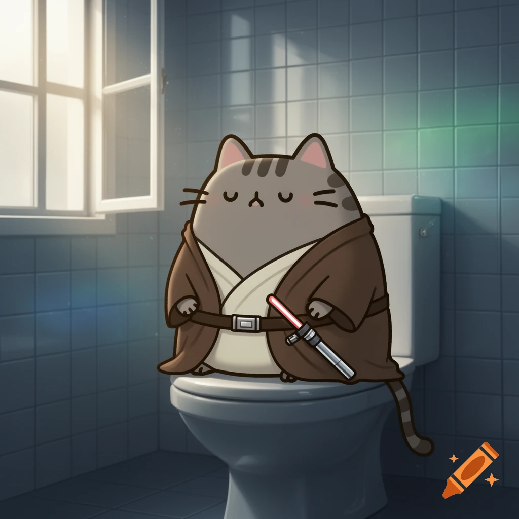 A cute cartoon Pusheen cat dressed in a Jedi robe, holding a lightsaber, sitting on a toilet in a tiled bathroom.