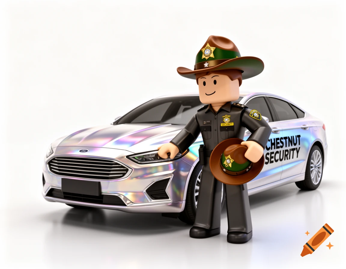 Roblox-style security officer in a dark uniform and a brown-green hat, holding another hat and touching a silver iridescent 'CHESTNUT SECURITY' car on a white background.